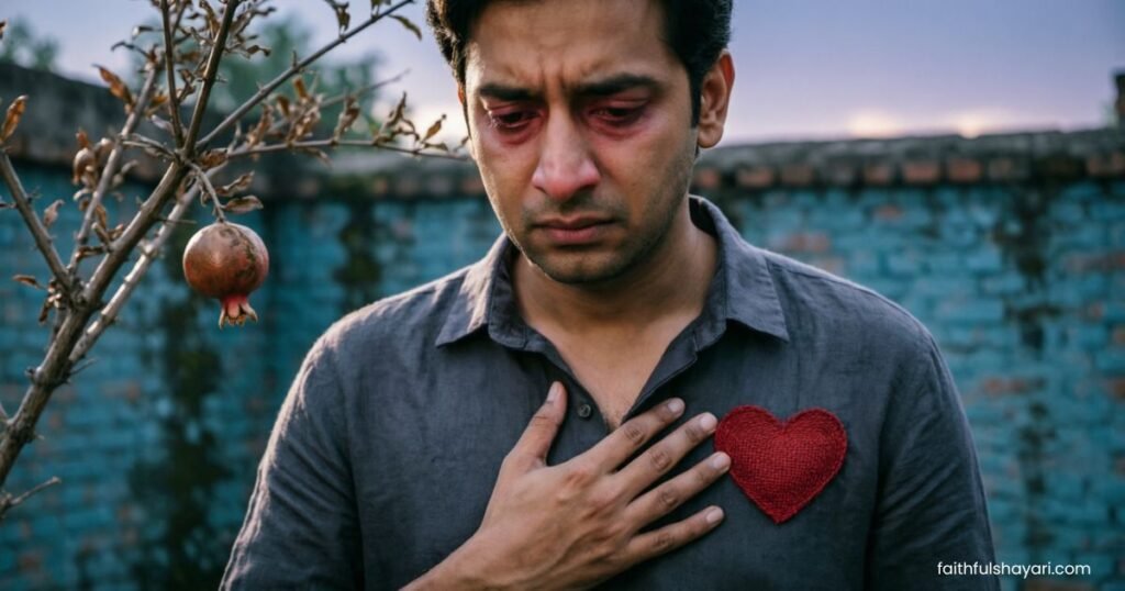 A sad person with a broken heart symbol showing heartbreak.