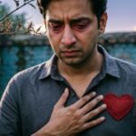 A sad person with a broken heart symbol showing heartbreak.