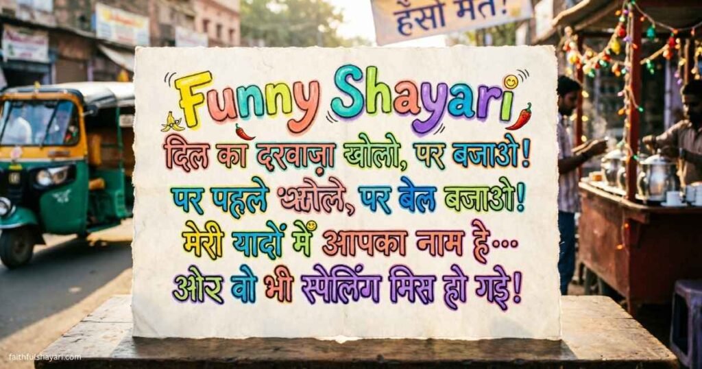 Colorful Funny Shayari text in playful Hindi typography showing humor and comedy vibes.