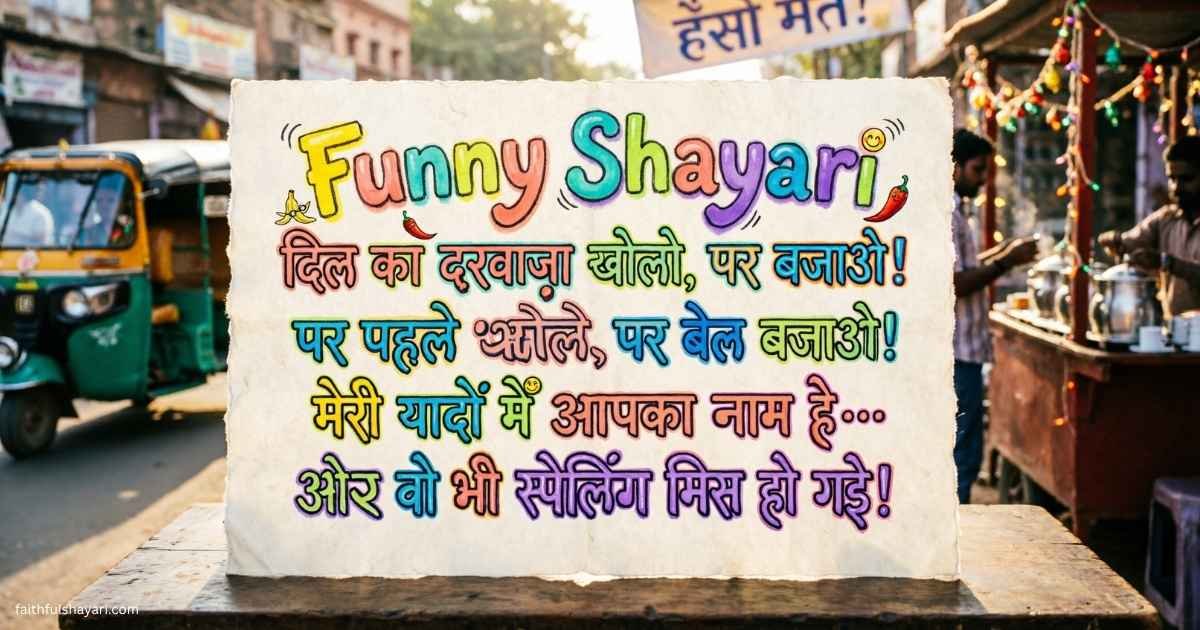 Colorful Funny Shayari text in playful Hindi typography showing humor and comedy vibes.