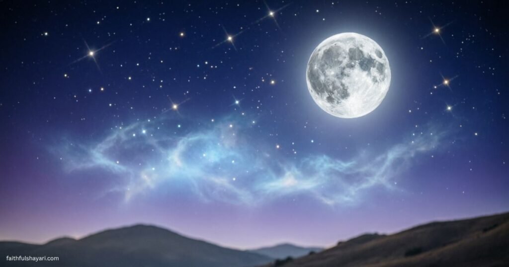 Peaceful night sky with moon and stars representing Good Night Quotes In Hindi.