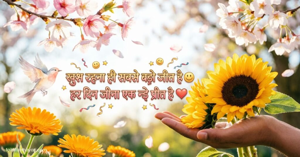 Bright image with happy Hindi shayari text and smiley vibes.