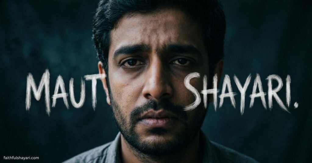 “Maut Shayari” text on a dark emotional background symbolizing sadness and reflection.