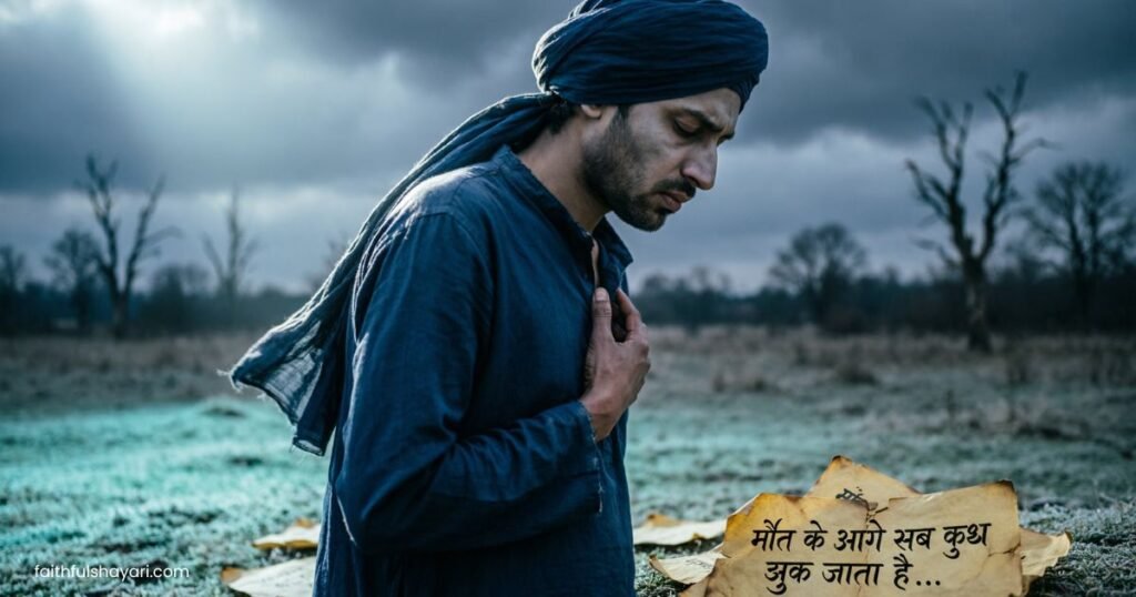 A sad, dark scene with a lonely figure symbolizing Maut Shayari in Hindi.