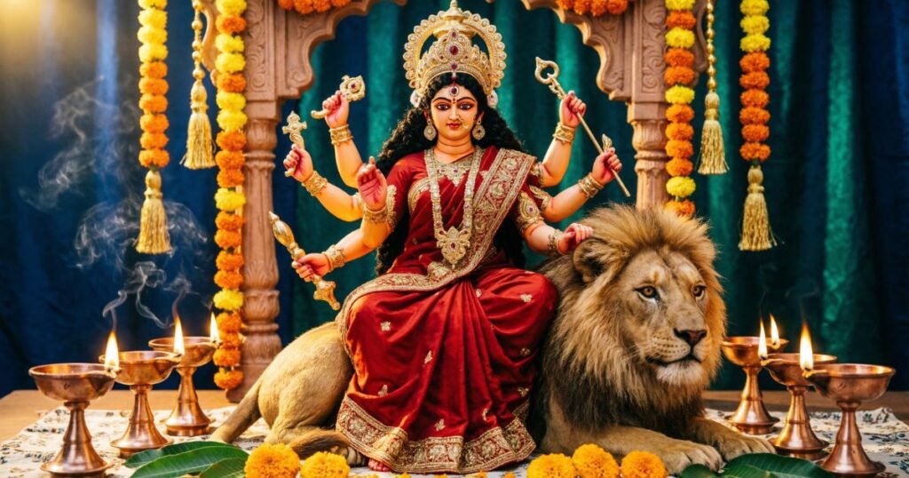 Festive image of Goddess Durga with diyas and vibrant decorations for Navratri.
