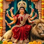 Festive image of Goddess Durga with diyas and vibrant decorations for Navratri.