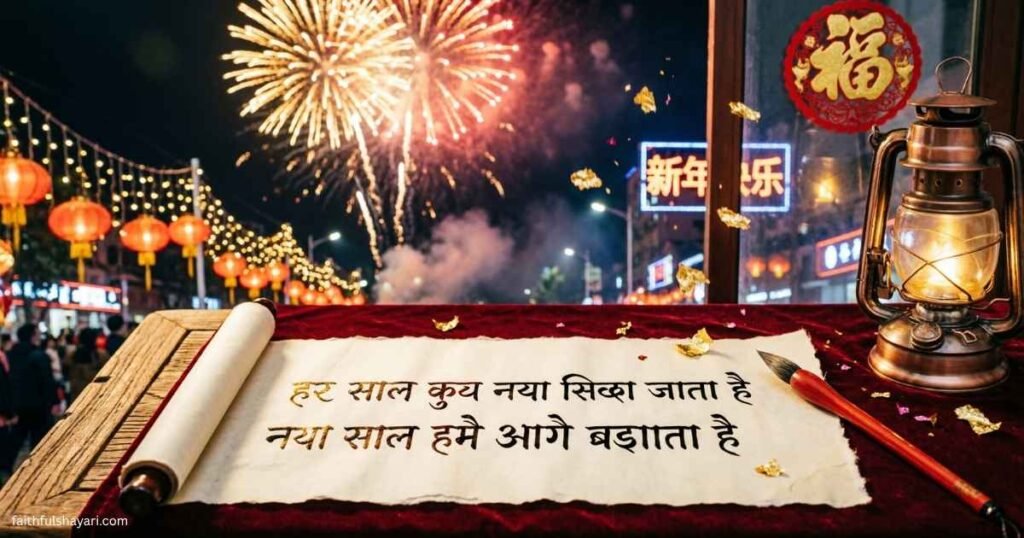 Festive New Year Shayari image with lights, celebration vibes, and Hindi poetry.