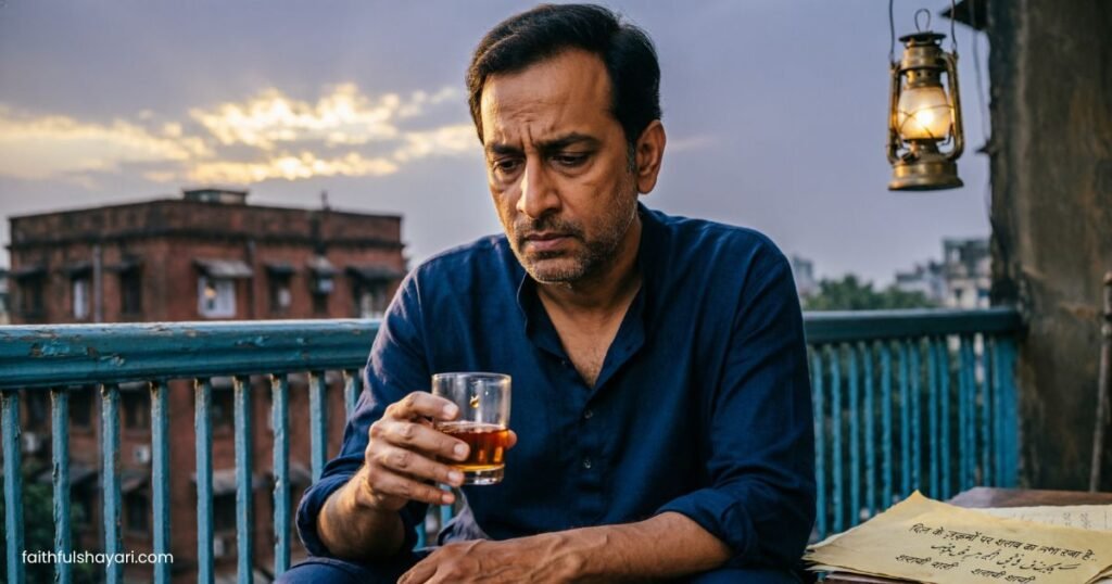 Person holding a drink in a sad, thoughtful mood.