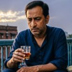 Person holding a drink in a sad, thoughtful mood.