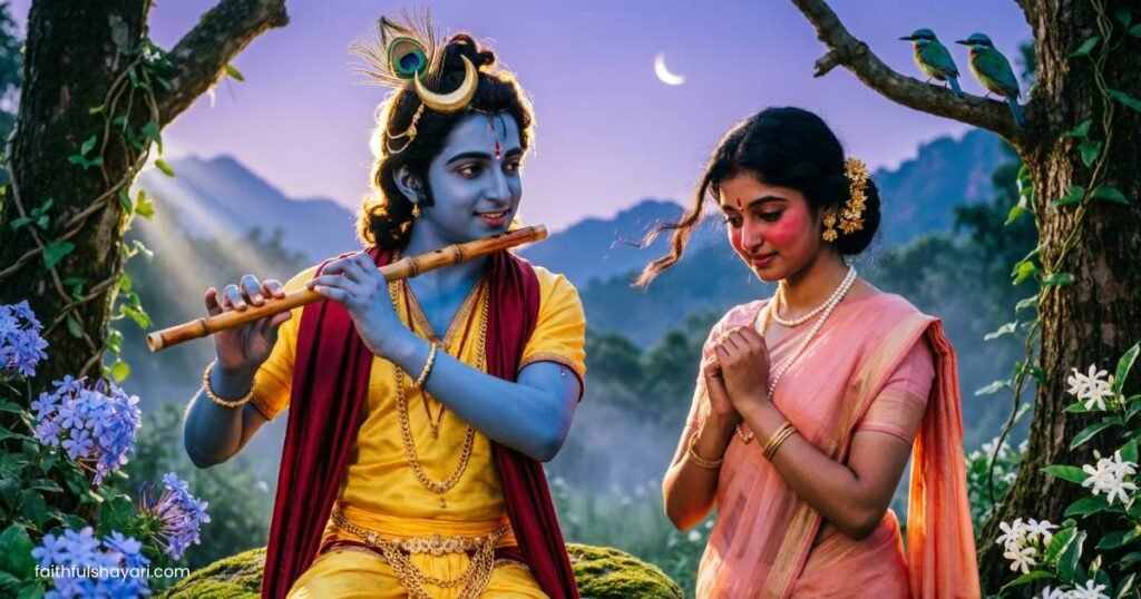 Shree Krishna playing flute with Radha