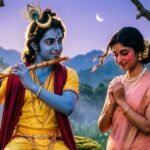 Shree Krishna playing flute with Radha