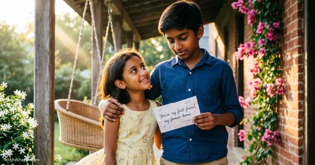 Brother and sister sharing a loving moment, showing emotional bond.