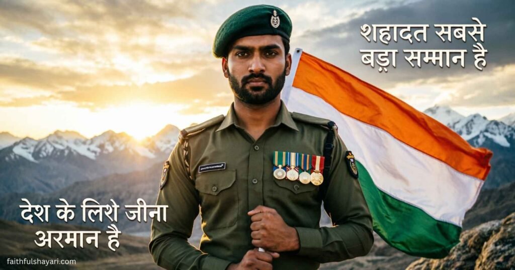 Soldier standing confidently with the national flag in the background and motivational army shayari text overlay.