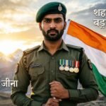 Soldier standing confidently with the national flag in the background and motivational army shayari text overlay.