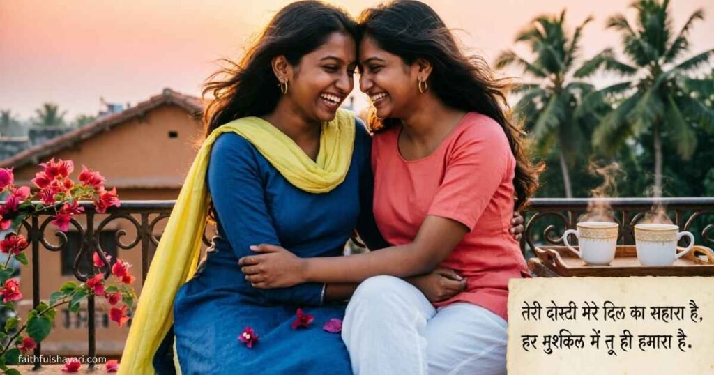 Two best friends smiling together and enjoying a special friendship moment.