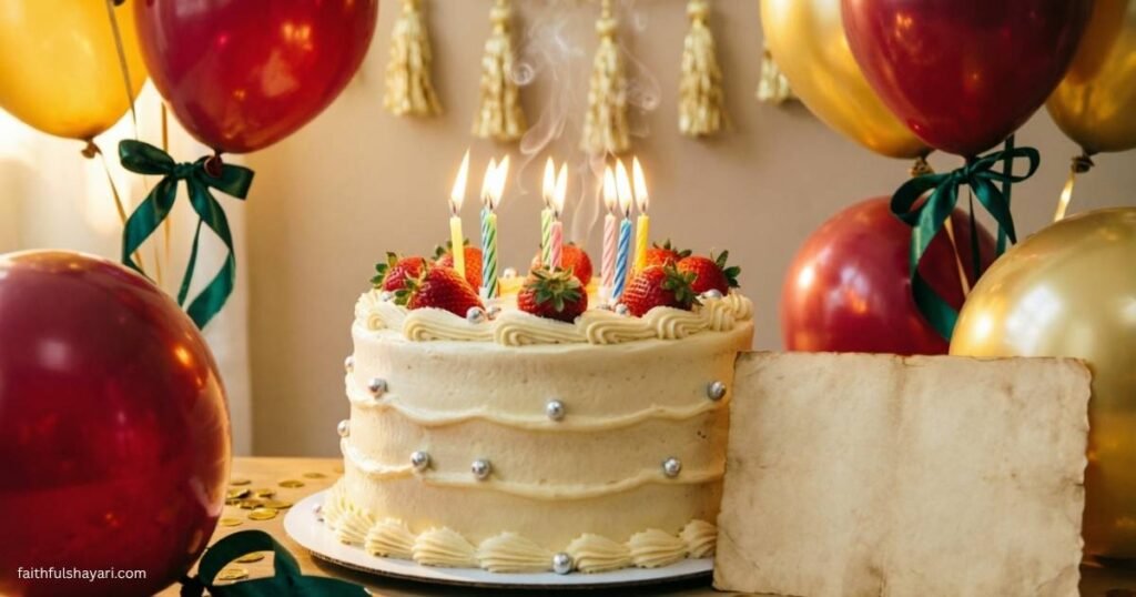 Birthday cake with candles, balloons, and festive decorations.