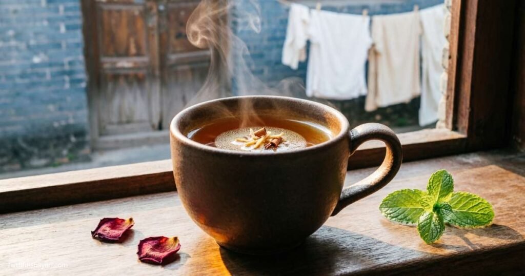 A warm cup of tea placed by the window with a peaceful mood, reflecting the feeling of Chai Shayari.