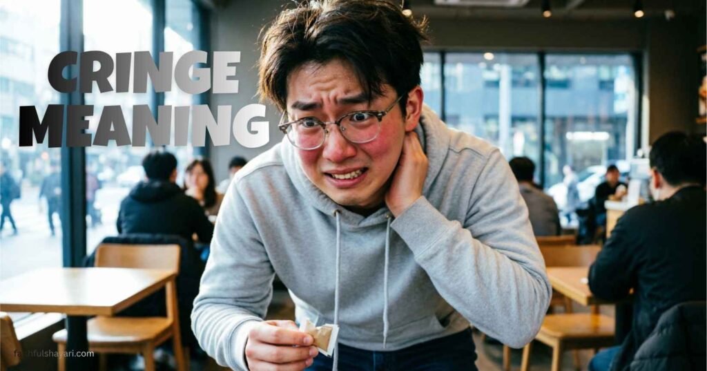Person showing an awkward, embarrassed reaction representing cringe.