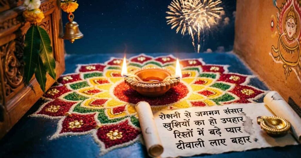 Diwali-themed image with glowing diyas, rangoli, and Hindi shayari celebrating light and happiness.