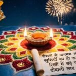 Diwali-themed image with glowing diyas, rangoli, and Hindi shayari celebrating light and happiness.