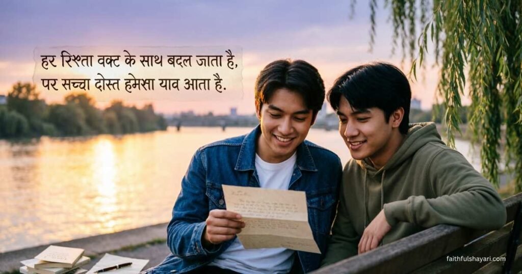 Friends enjoying moments with Dosti Shayari text.