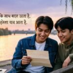 Friends enjoying moments with Dosti Shayari text.