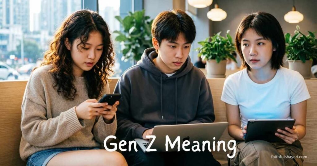 Young people using phones and laptops representing Gen Z.