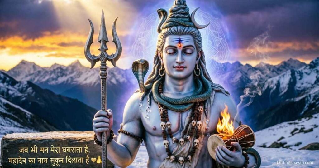 Lord Shiva (Mahadev) with trishul and divine aura representing devotion and Mahadev Shayari.