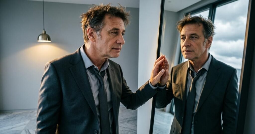 Person looking at their reflection, symbolizing narcissism and self-focus.