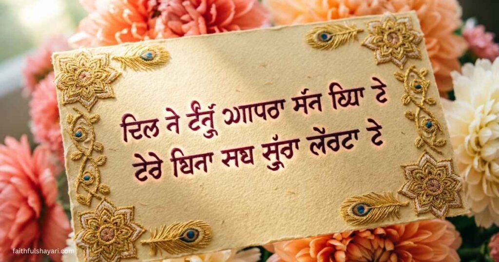 A decorative Punjabi love shayari card with Gurmukhi script on a warm, floral background.