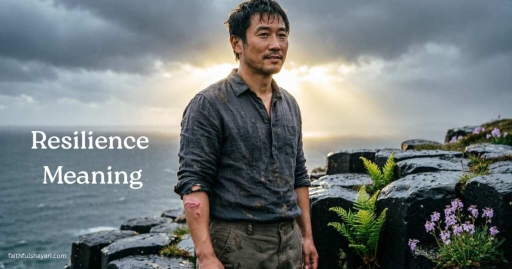 Image showing a person standing strong after hardship, symbolizing resilience.