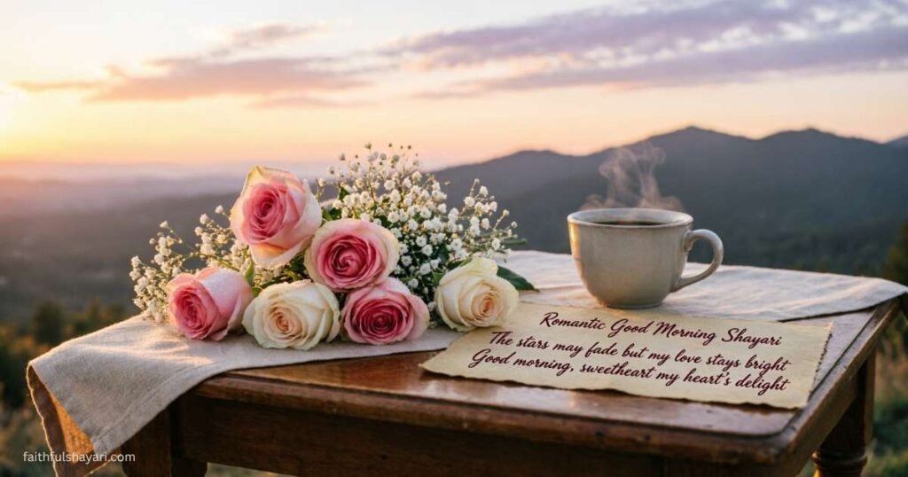 Romantic good morning shayari with a peaceful sunrise background.