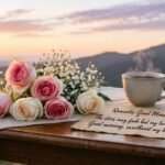 Romantic good morning shayari with a peaceful sunrise background.