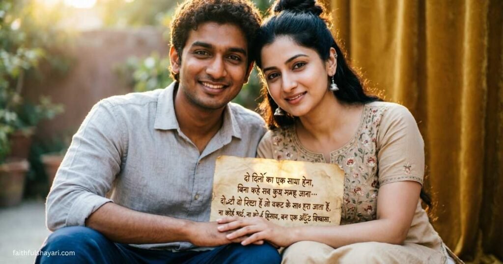 Two friends sharing a warm moment, with True Friendship Shayari text on a golden background.