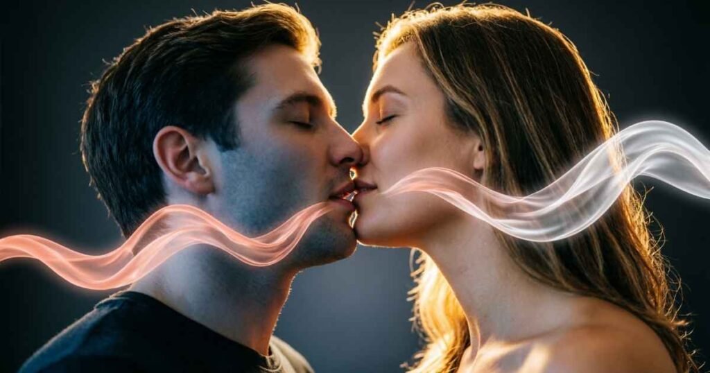 Abstract illustration of a couple kissing with flowing wave-like motion lines symbolizing an undulating kiss.