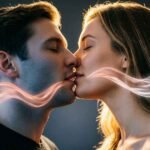 Abstract illustration of a couple kissing with flowing wave-like motion lines symbolizing an undulating kiss.