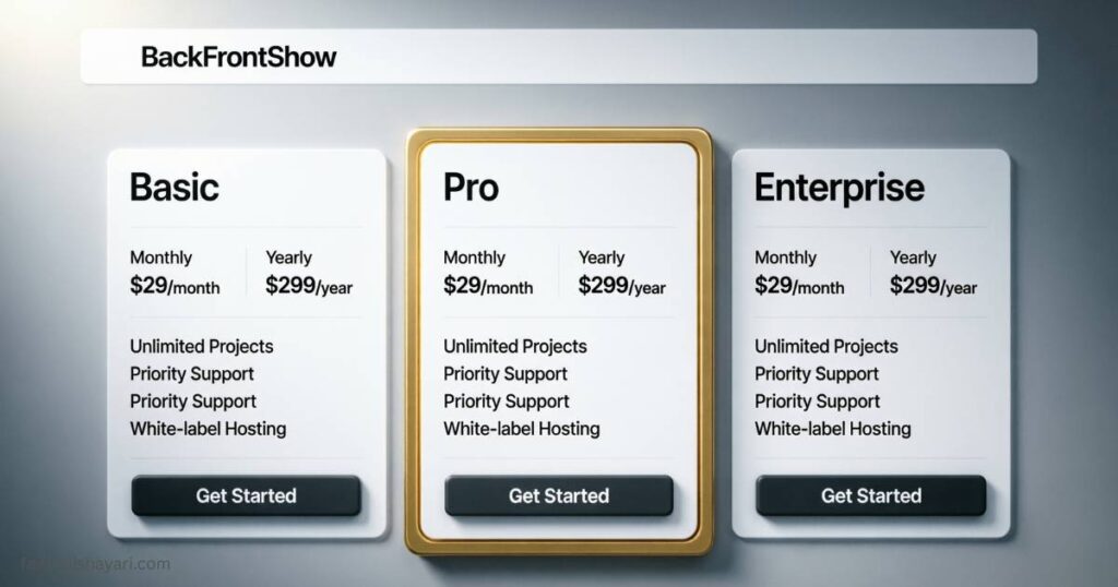 BackToFrontShow website interface showing pricing plans and features.