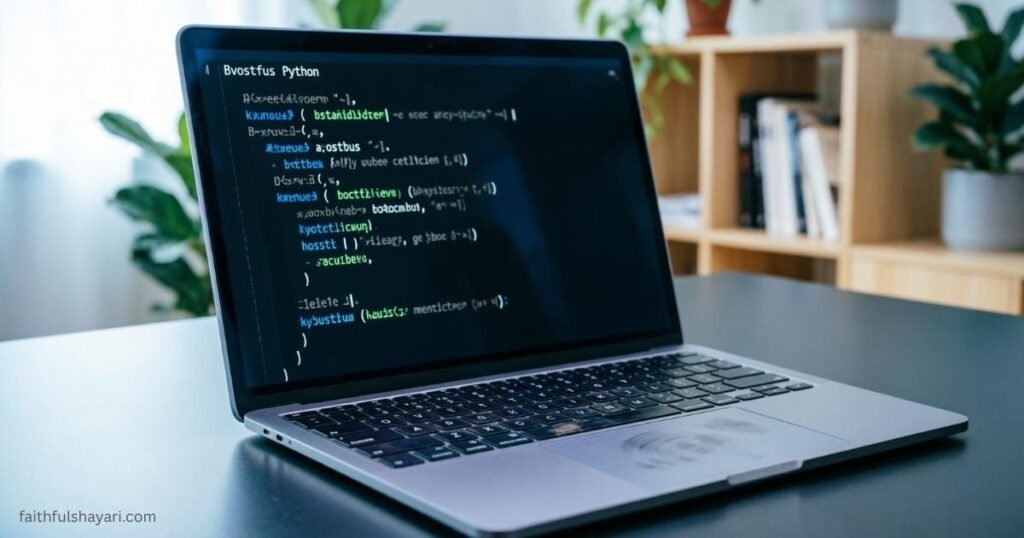 Laptop showing Python code with the title "Bvostfus Python."