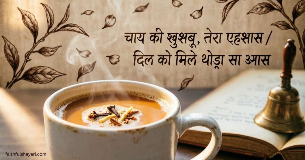 A hot cup of chai with a cozy shayari-themed background.