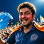 Cricket fan celebrating a big shot during an exciting match.