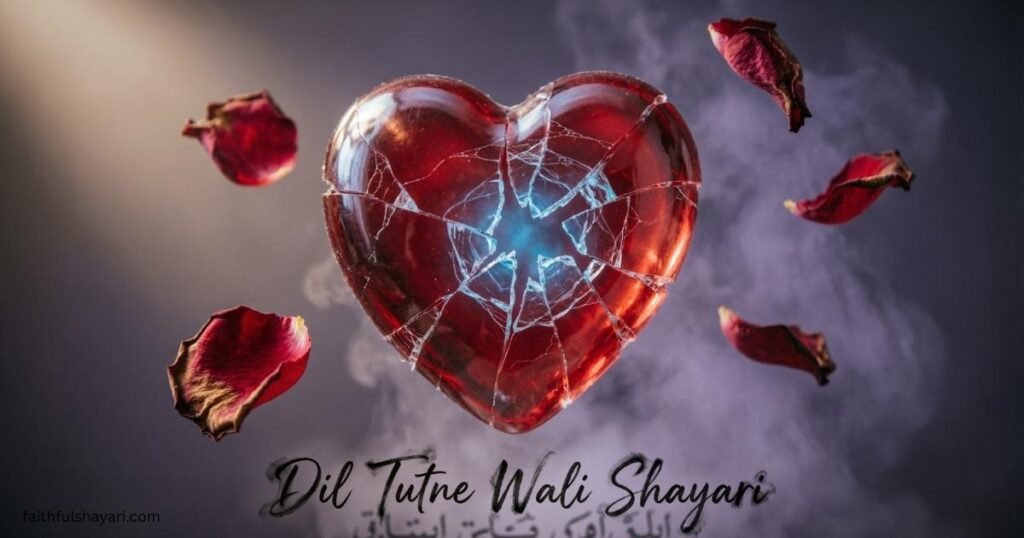 Sad broken heart image with “Dil Tutne Wali Shayari” text showing heartbreak emotions.