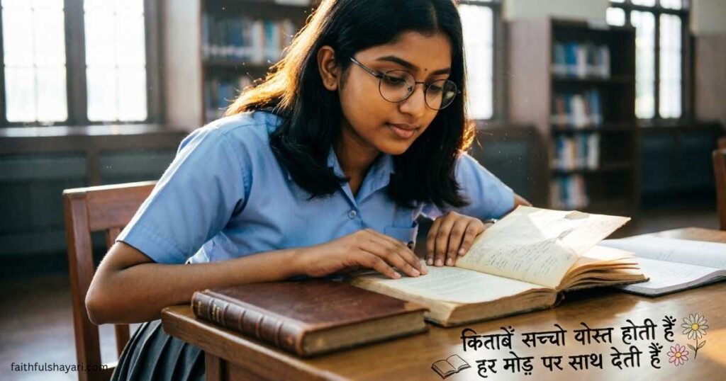 Student reading books with an Education Shayari quote.