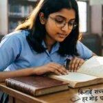 Student reading books with an Education Shayari quote.