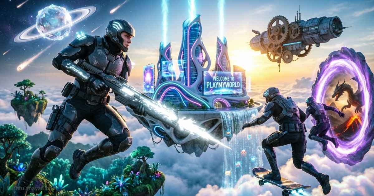 Gaming PlayMyWorld showing a vibrant virtual gaming world with action and adventure.