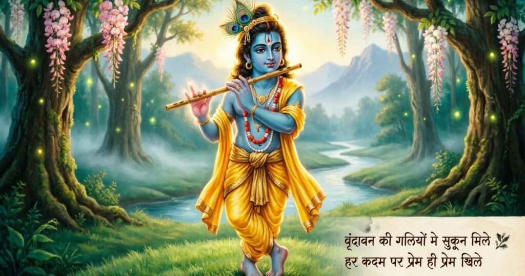 Krishna Shayari image showing Lord Krishna with flute and divine peaceful background.
