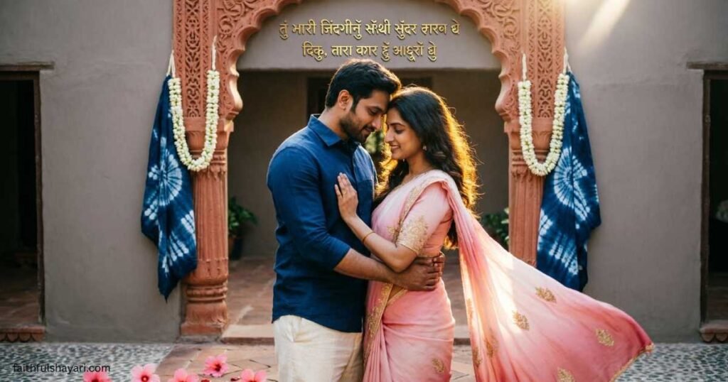 Romantic couple with Love Shayari Gujarati text in background.