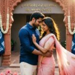 Romantic couple with Love Shayari Gujarati text in background.