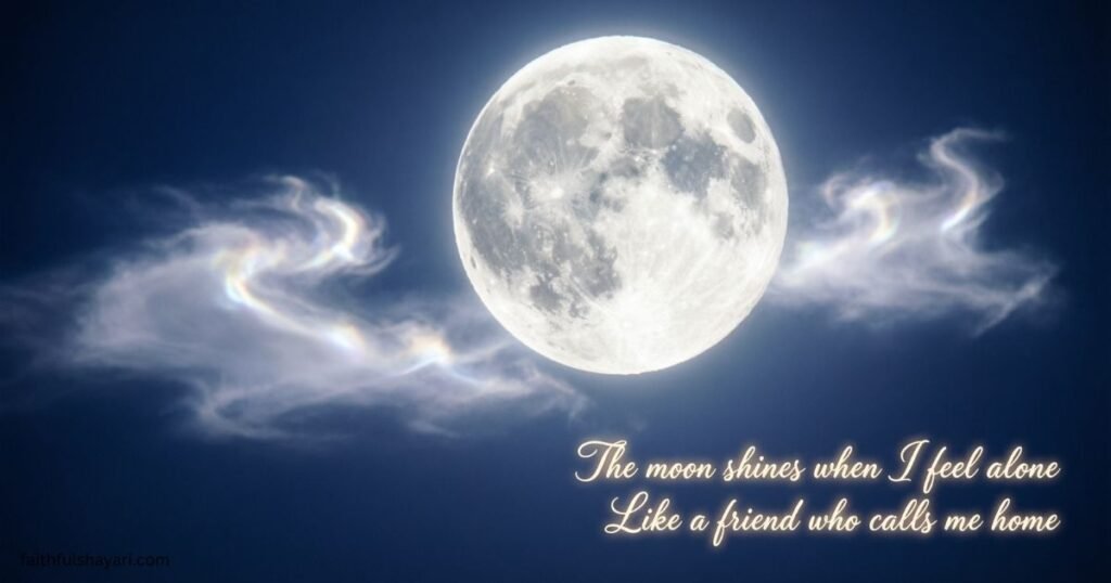 Bright full moon glowing in the night sky with soft clouds and a peaceful atmosphere.