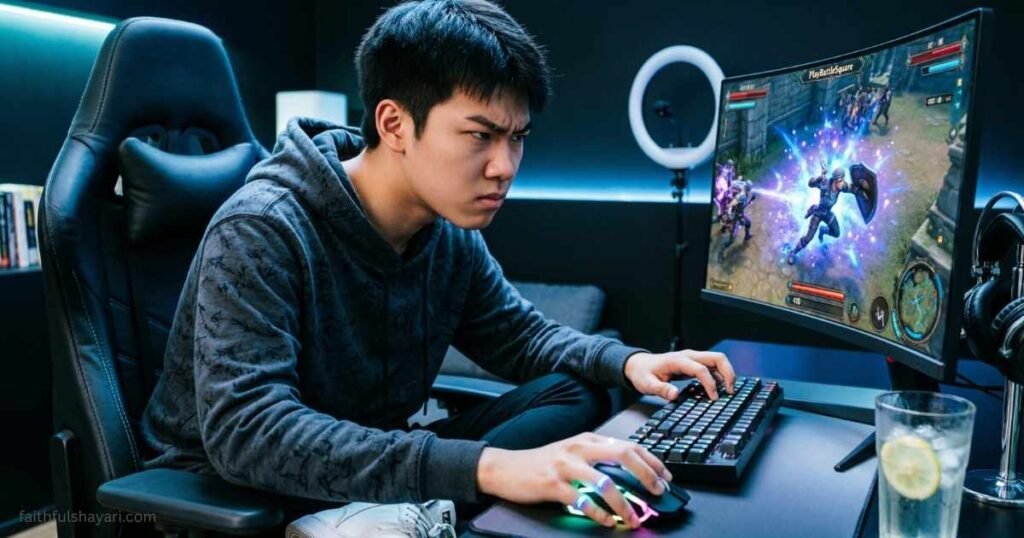 Gamer playing PlayBattleSquare on a modern setup while competing in an online battle challenge.