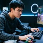 Gamer playing PlayBattleSquare on a modern setup while competing in an online battle challenge.